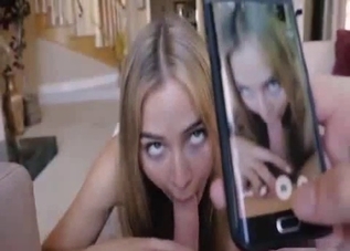 Cute blonde daughter performs a blowjob